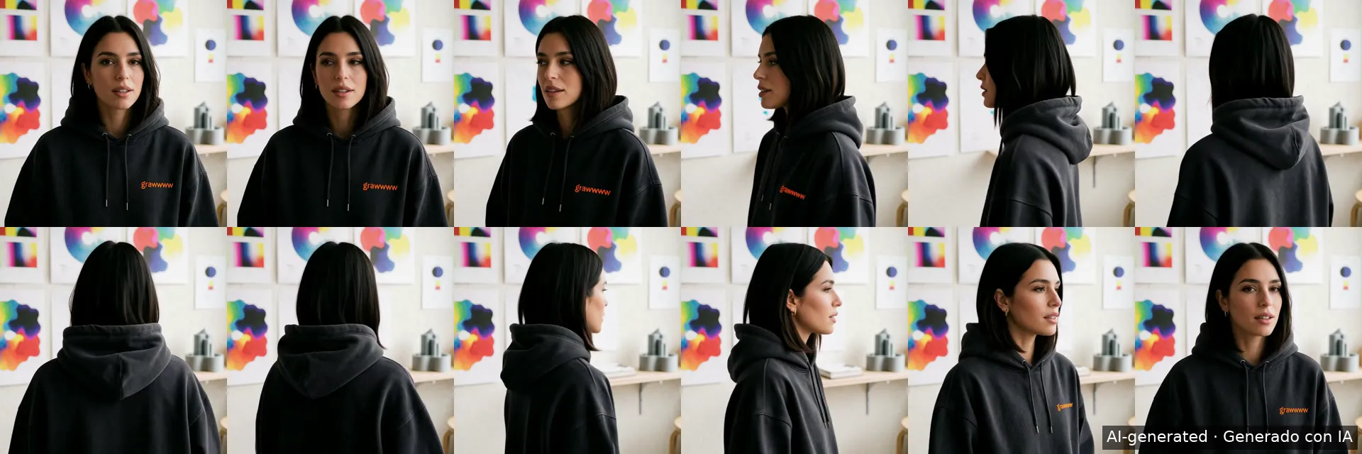 Doce fotogramas generados con IA de una mujer sintética de pelo negro con sudadera oscura que gira 360° ante una pared de láminas de colores, de frente, de perfil, de espaldas y otra vez de frente.
