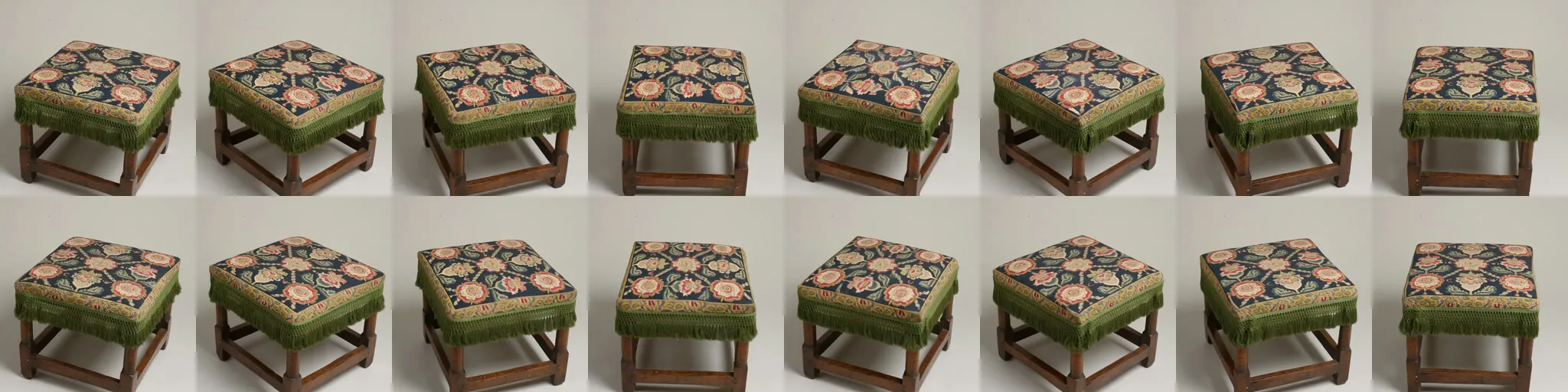 Dos filas de ocho fotogramas de un taburete de madera con cojín bordado de flores y fleco verde, girando; las dos filas son prácticamente iguales.