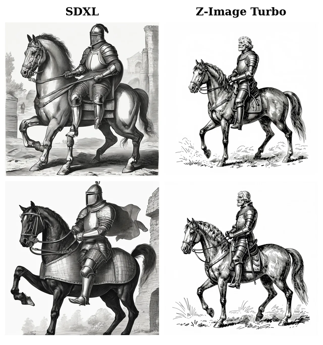 Two columns of ink-drawn knights on horseback from the same prompt: SDXL on the left, Z-Image Turbo on the right