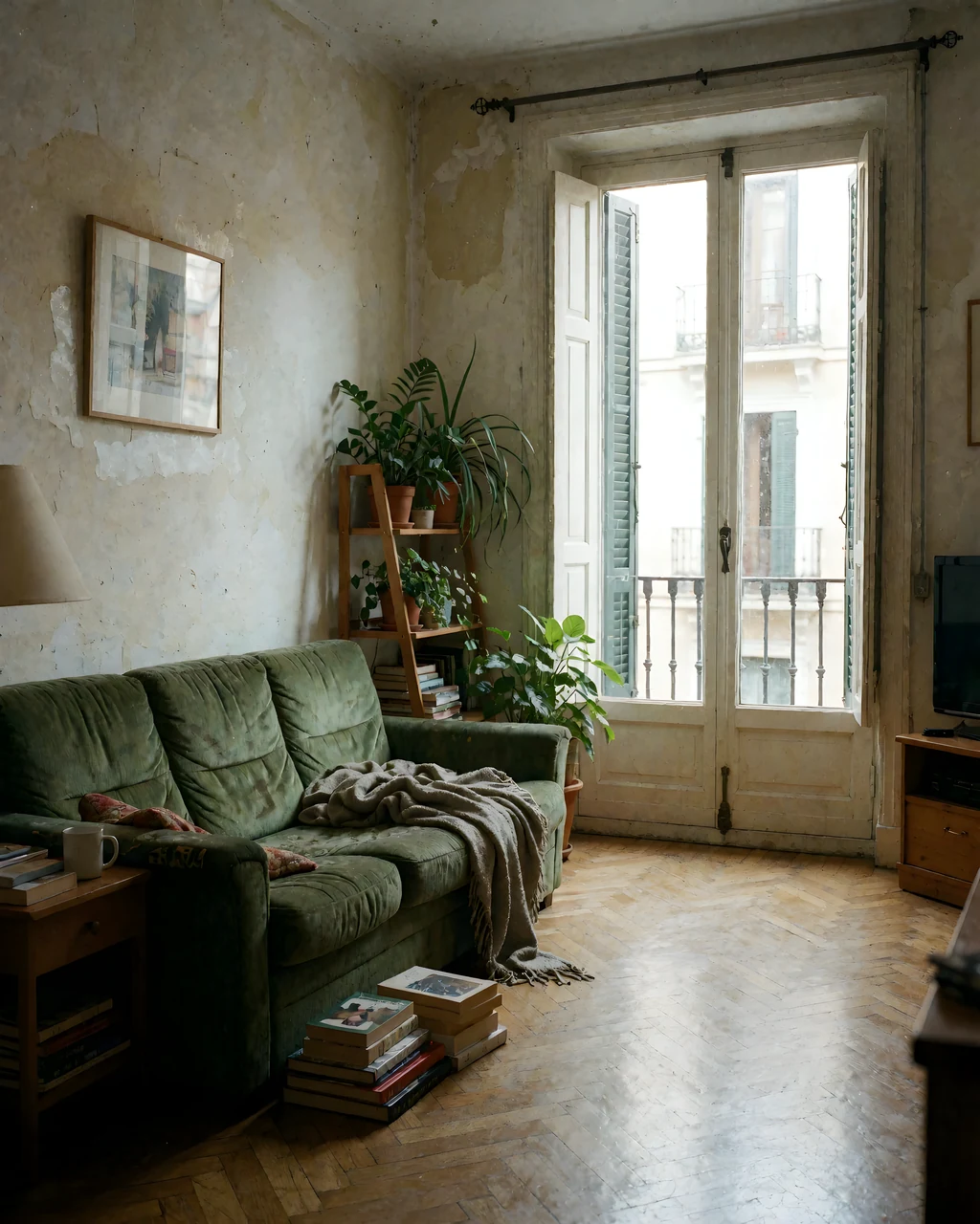 Salón de un piso antiguo con sofá verde, plantas y libros