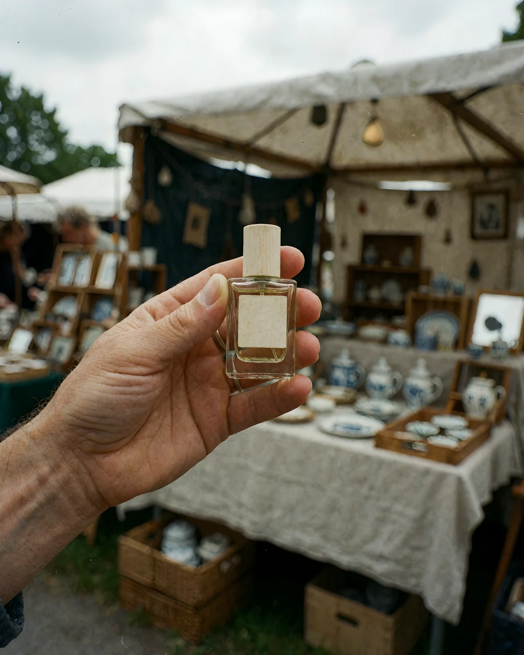 Mano con un frasco de perfume sin marca en un mercadillo de cerámica