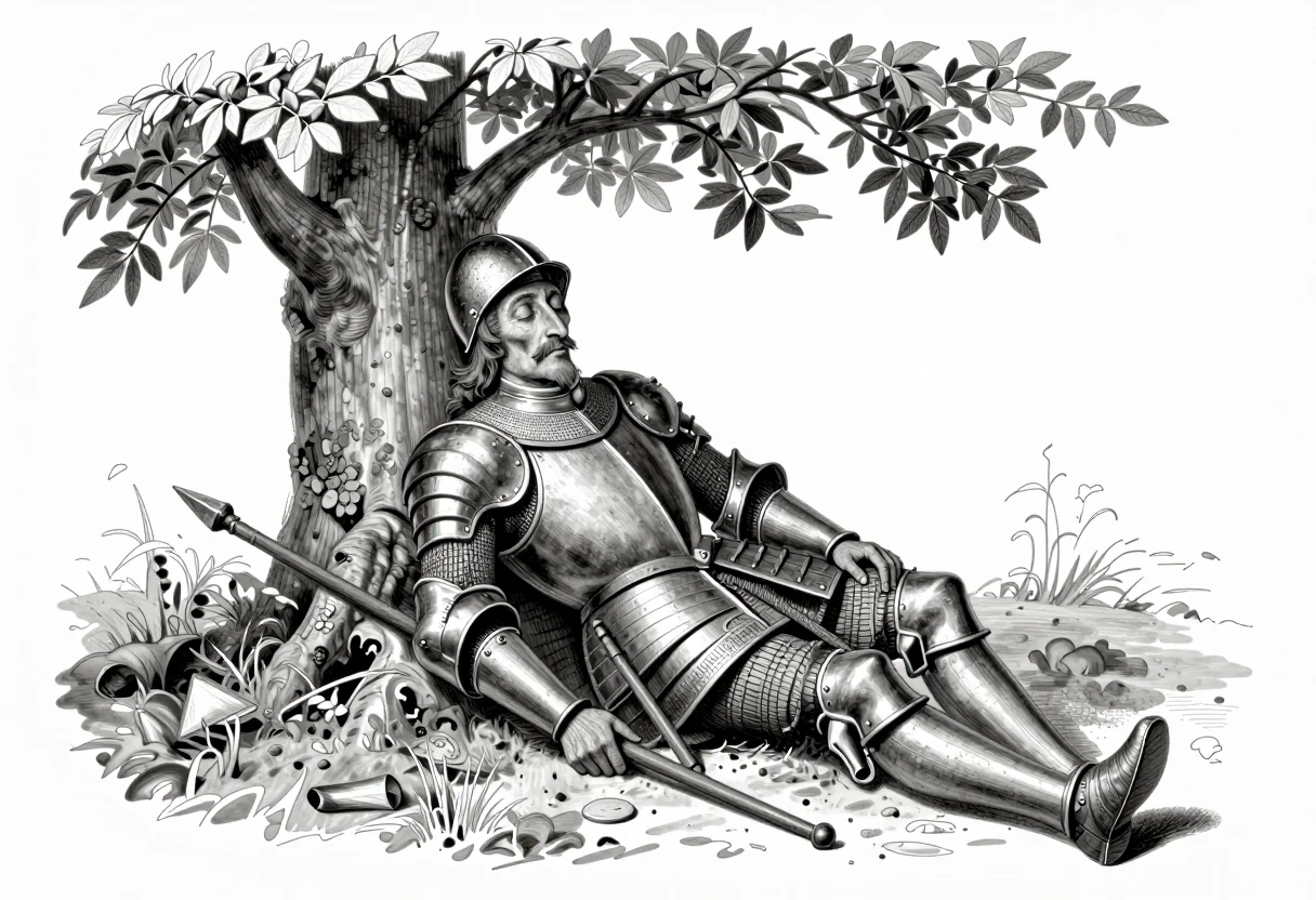 Knight asleep under a tree with his lance beside him