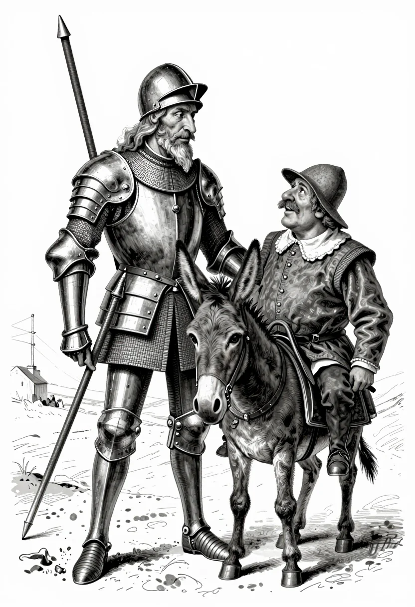 Knight talking to a short stout squire on a donkey on a dusty road