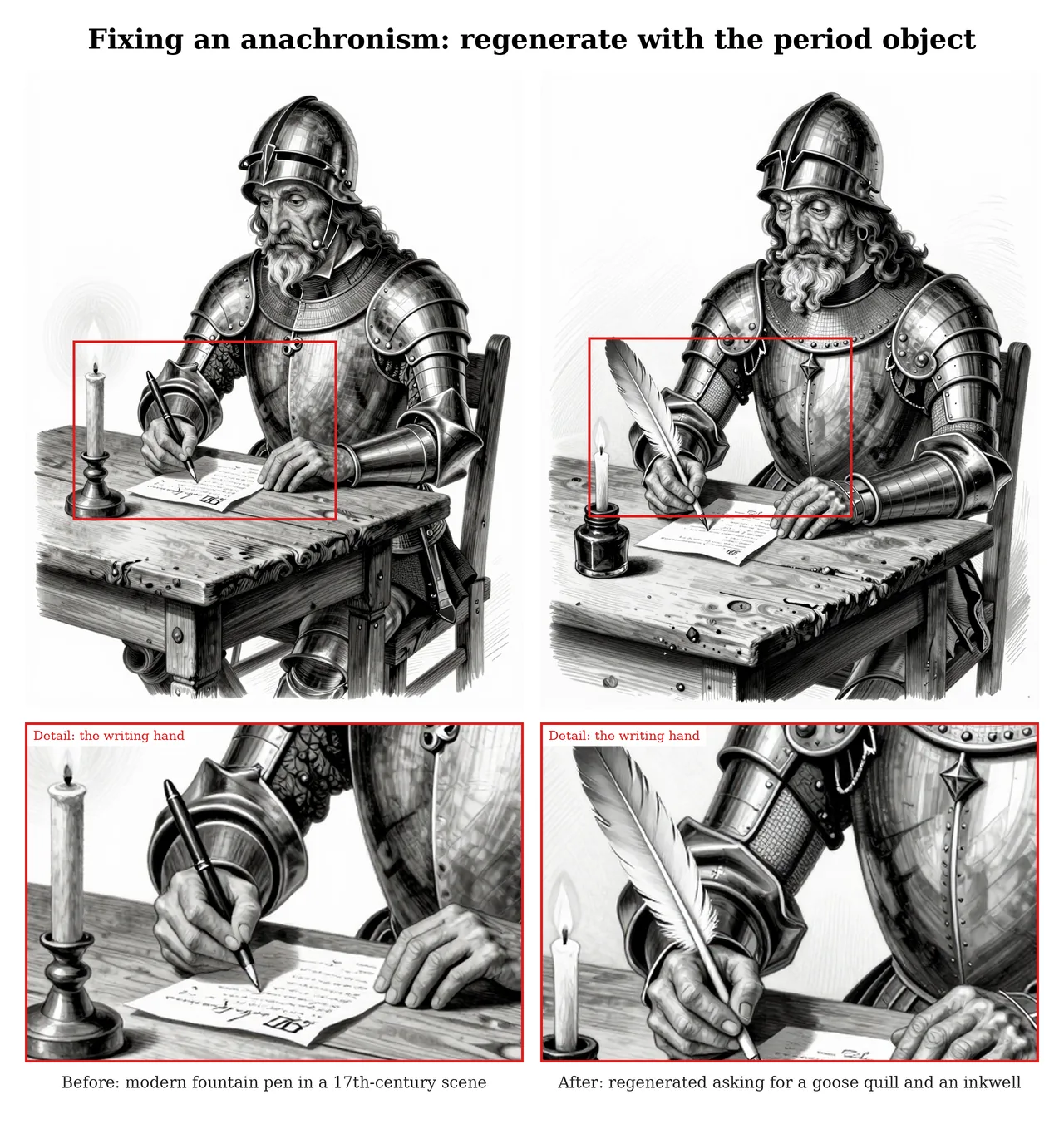 Two versions of the inn scene: on the left the knight writes with a modern fountain pen, on the right with a goose quill and an inkwell; below, a zoom on the hand in each