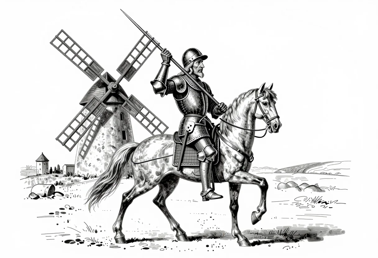 Gaunt knight on a thin horse charging a windmill with his lance, ink drawing