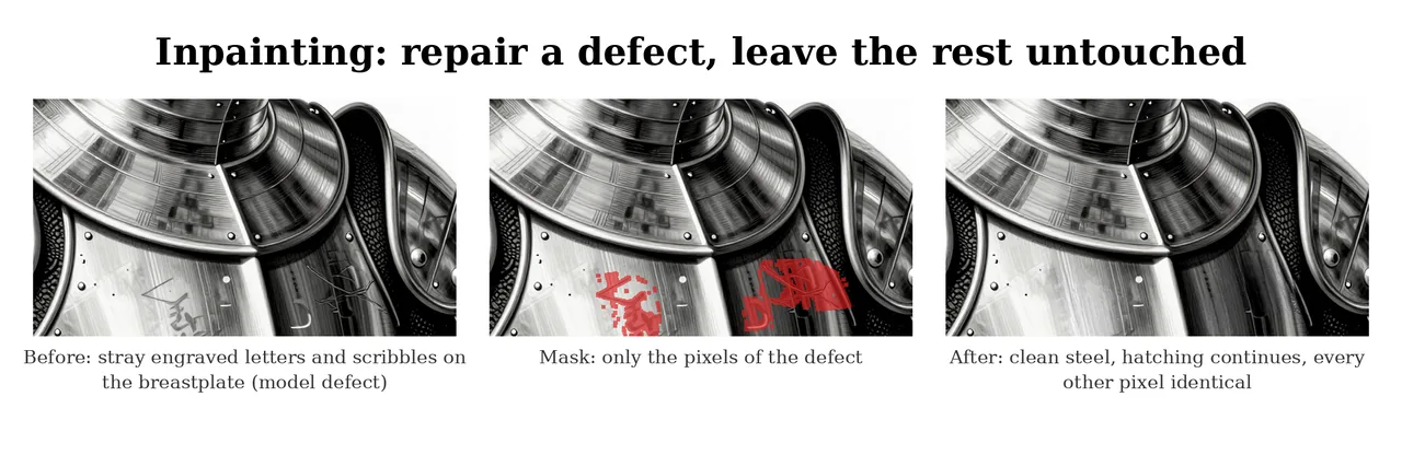 Before, mask and after: letter-like marks engraved on the breastplate, the red mask only over those marks, and clean steel with the hatching continuing