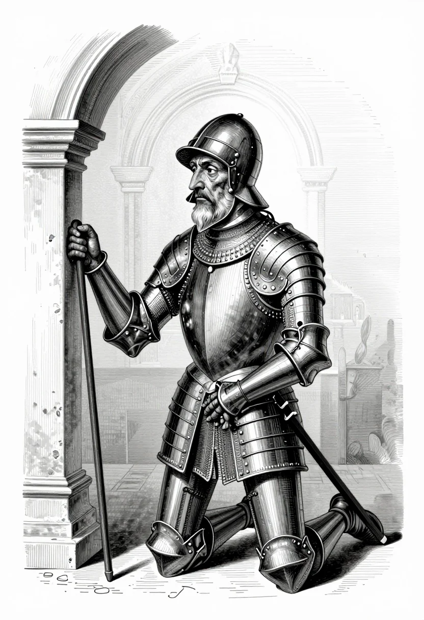 Knight kneeling in a chapel keeping vigil over his armour at night