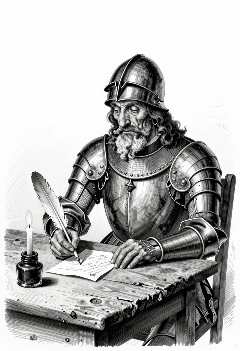 Knight at a rough wooden table writing a letter by candlelight in an inn