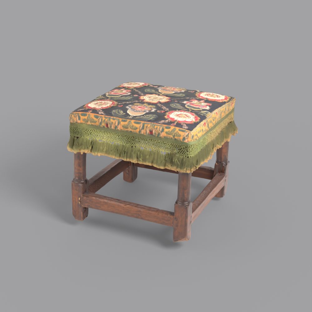 3D model of a walnut stool with an embroidered seat, AI-generated from one photo